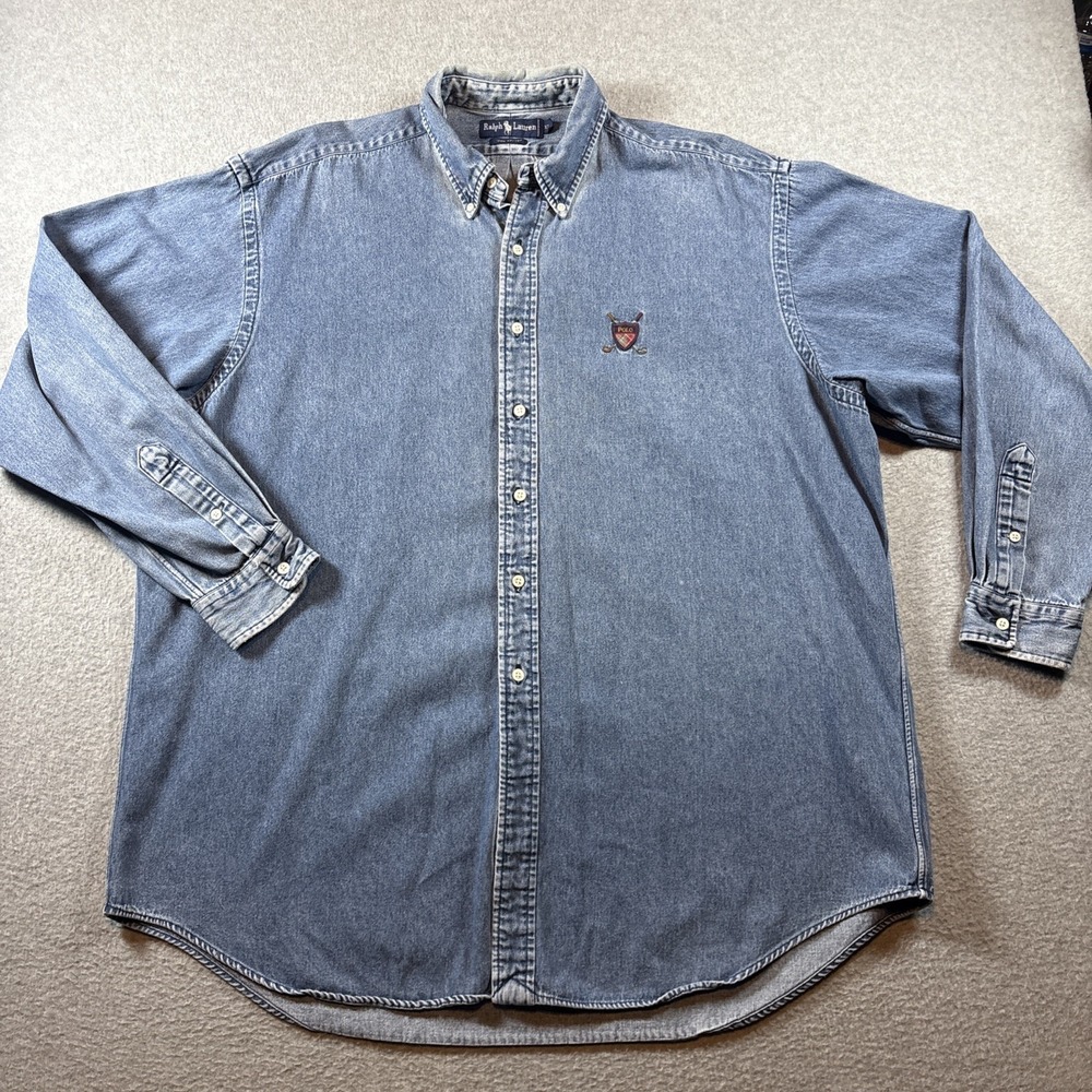 VTG RALPH LAUREN Men's XL Denim Long Sleeve Button Down Golf Logo Blue 90s